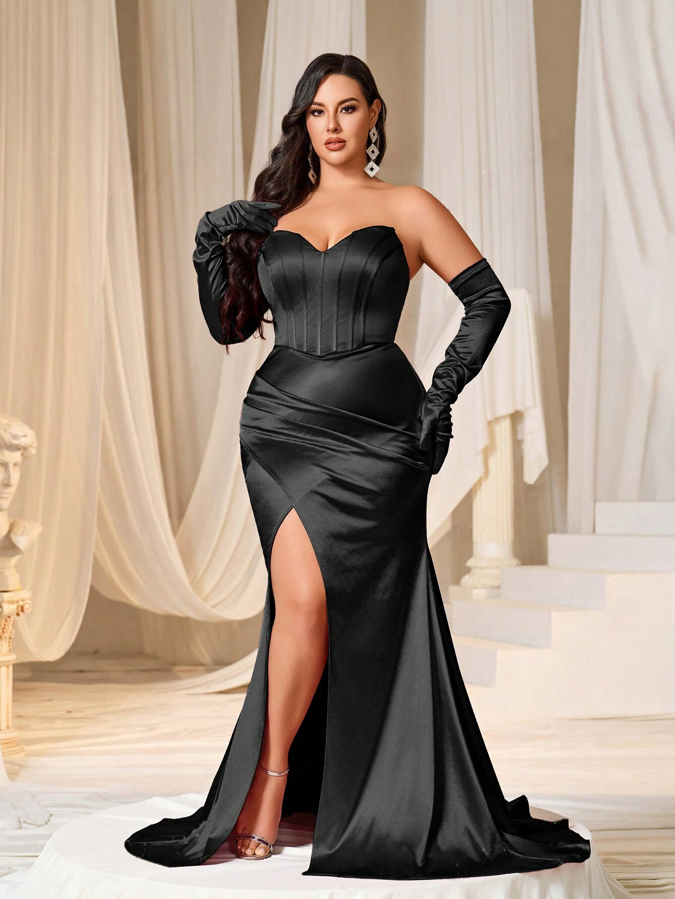 Glamorous Red Plus Size Satin Ruched Strapless  Long Maxi Dress with Gloves-Free Shipping