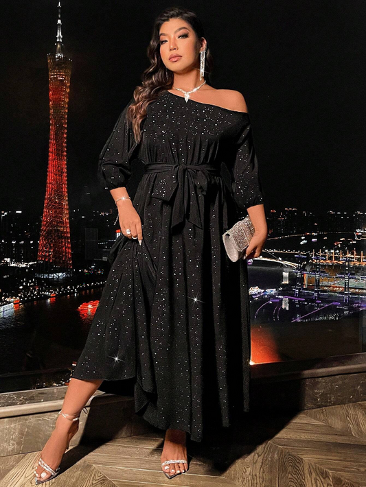 Chic Plus Size Asymmetrical Neck Long Sleeve Belted Maxi Dress-Free Shipping