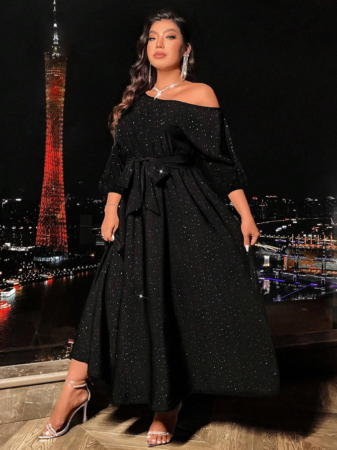 Chic Plus Size Asymmetrical Neck Long Sleeve Belted Maxi Dress-Free Shipping