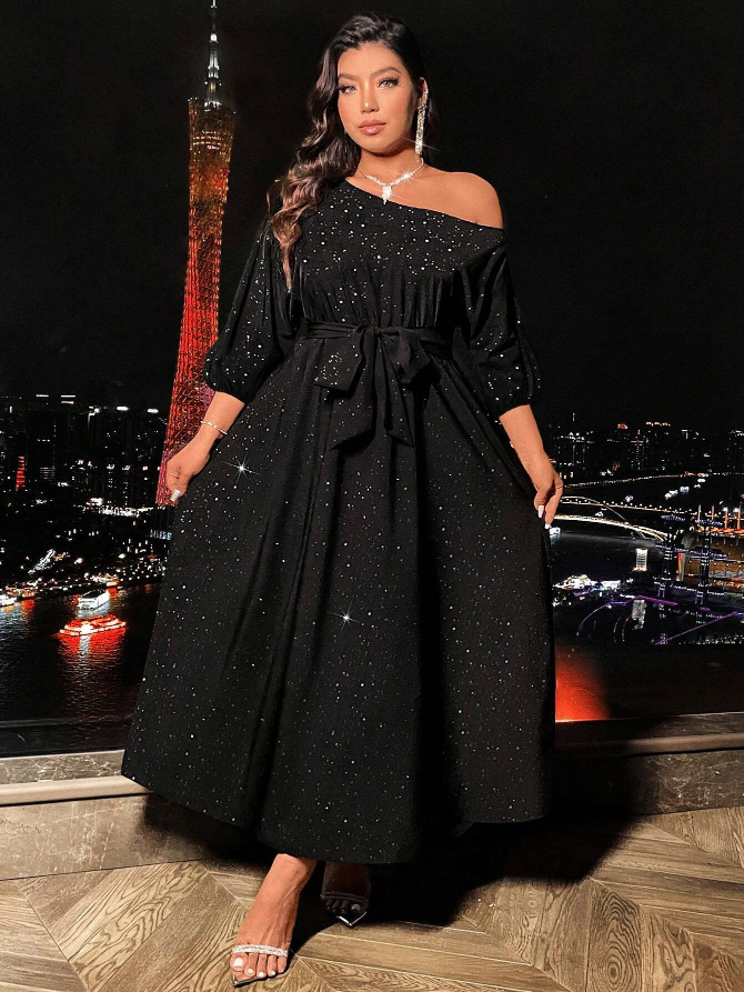 Chic Plus Size Asymmetrical Neck Long Sleeve Belted Maxi Dress-Free Shipping