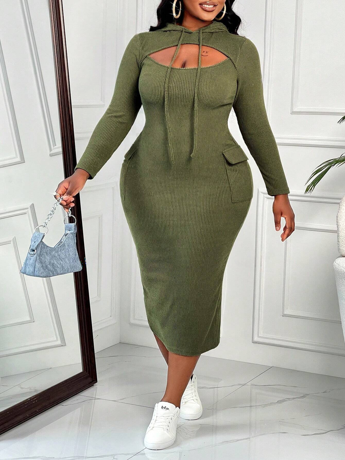 Stylish Plus Size Rib-Knit Hooded Pullover Hollow Out Form Fitting Dress-Free Shipping