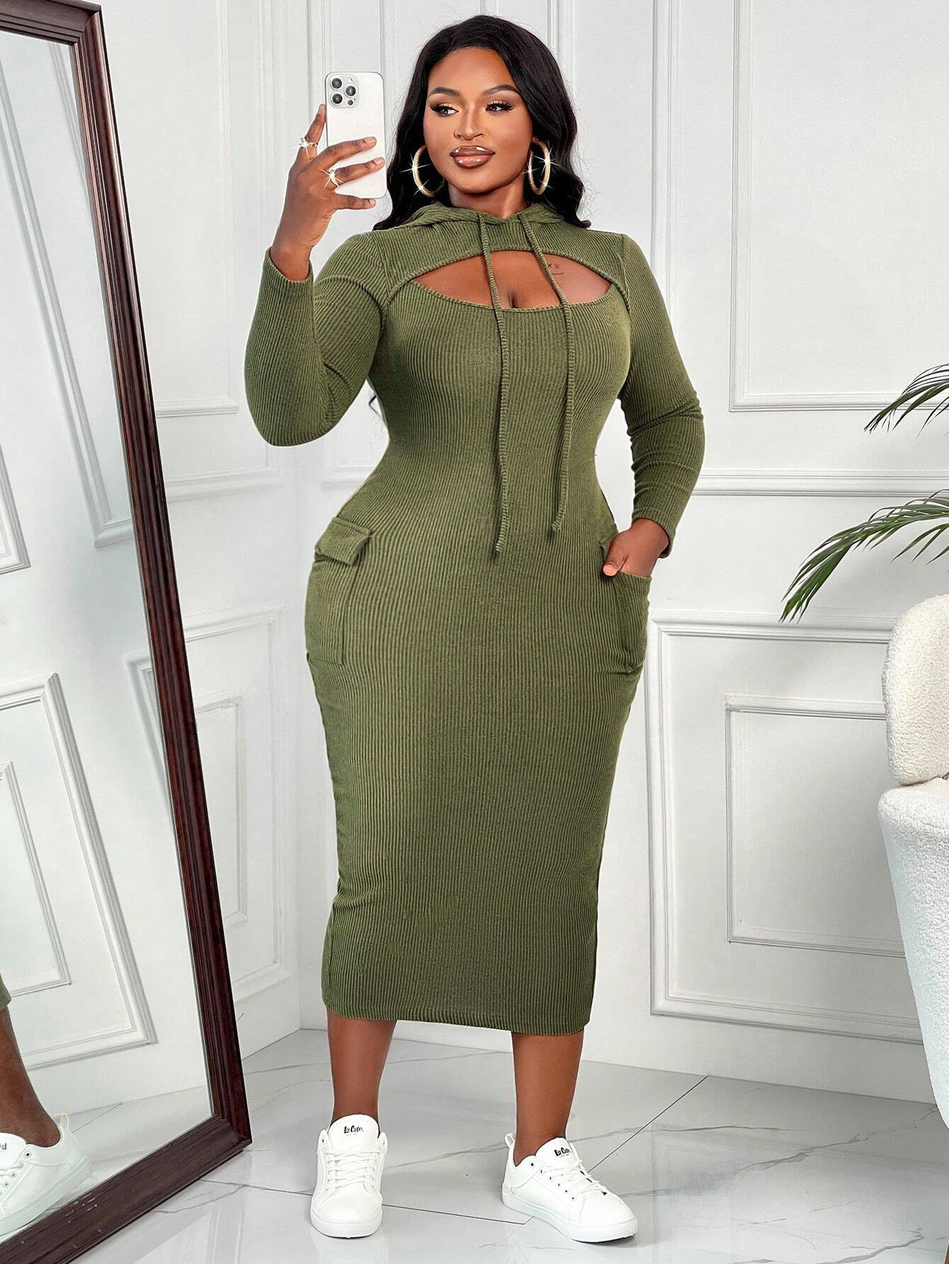 Stylish Plus Size Rib-Knit Hooded Pullover Hollow Out Form Fitting Dress-Free Shipping