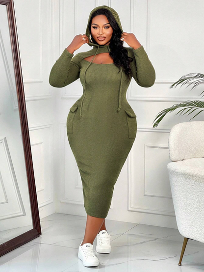 Stylish Plus Size Rib-Knit Hooded Pullover Hollow Out Form Fitting Dress-Free Shipping