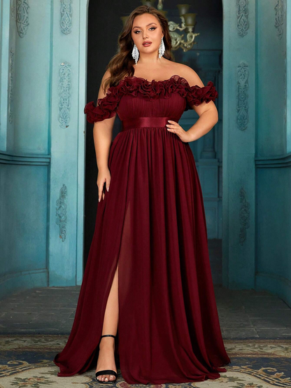 Beautiful Plus Size Deep Green Ruffle Off-Shoulder Cinched Waist Ball Gown with High Slit-Free Shipping