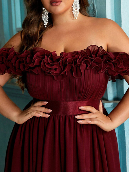 Beautiful Plus Size Deep Green Ruffle Off-Shoulder Cinched Waist Ball Gown with High Slit-Free Shipping