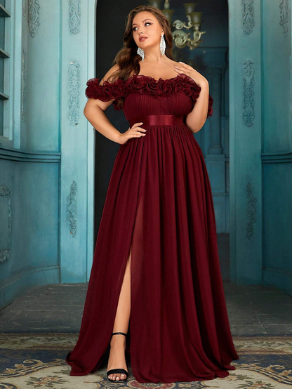 Beautiful Plus Size Deep Green Ruffle Off-Shoulder Cinched Waist Ball Gown with High Slit-Free Shipping