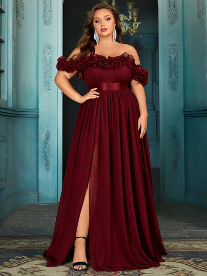 Beautiful Plus Size Deep Green Ruffle Off-Shoulder Cinched Waist Ball Gown with High Slit-Free Shipping