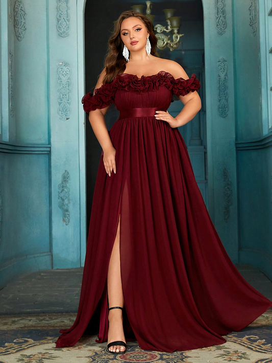 Stylish Plus Size Burgundy Ruffle Off-Shoulder Cinched Waist Ball Gown with High Slit-Free Shipping