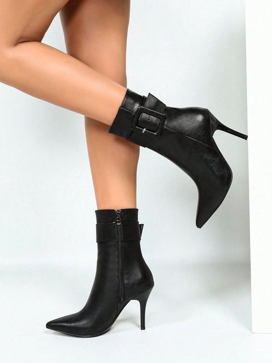 Classic Stiletto Pointed Toe Buckle Detail Side Zipper Heel Mid-Calf Boots-Free Shipping