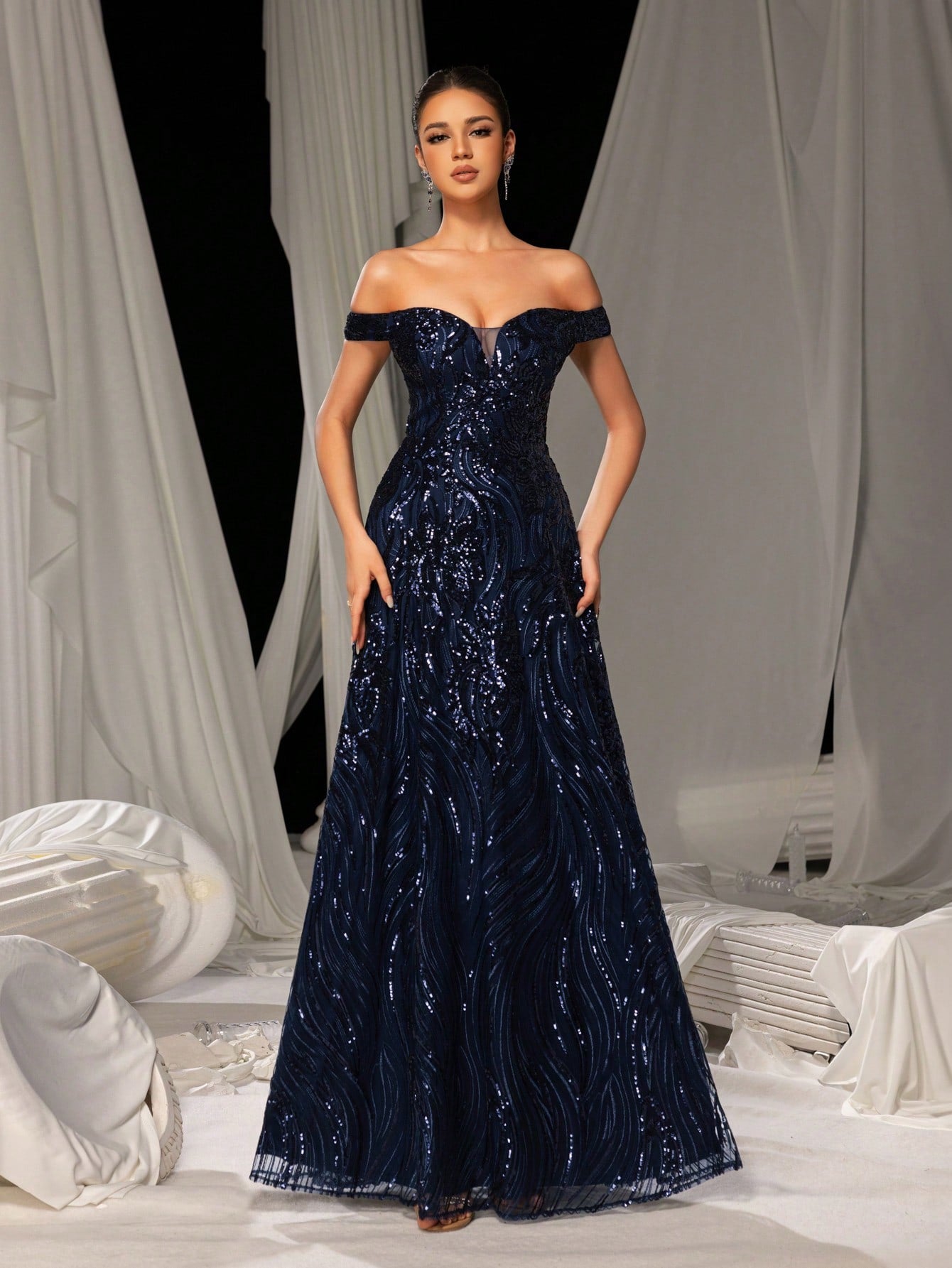 Stunning Royal Blue Off-Shoulder Sweetheart Sequin A-Line Long Dress-Free Shipping