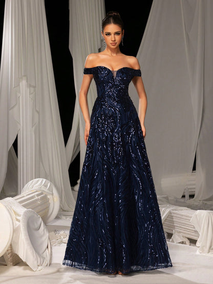 Stunning Royal Blue Off-Shoulder Sweetheart Sequin A-Line Long Dress-Free Shipping