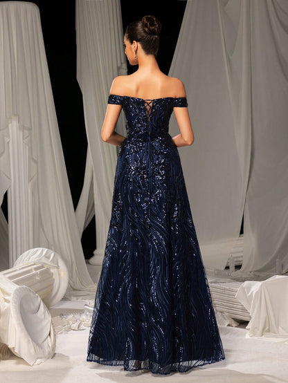 Stunning Royal Blue Off-Shoulder Sweetheart Sequin A-Line Long Dress-Free Shipping