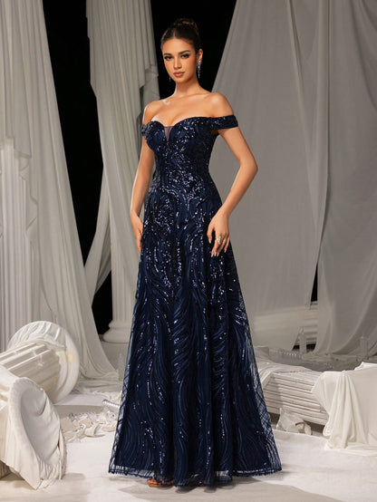 Stunning Royal Blue Off-Shoulder Sweetheart Sequin A-Line Long Dress-Free Shipping