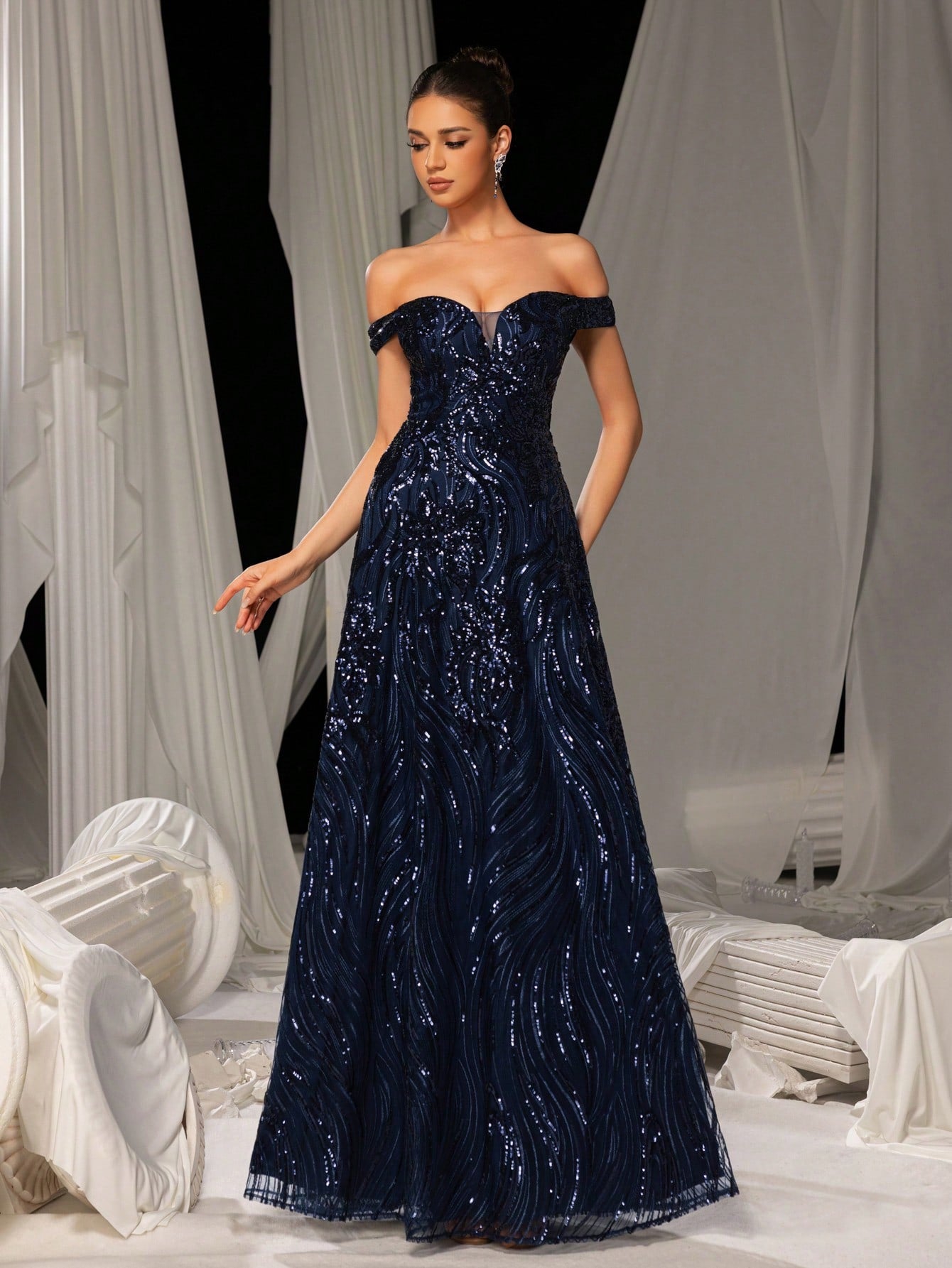 Stunning Royal Blue Off-Shoulder Sweetheart Sequin A-Line Long Dress-Free Shipping