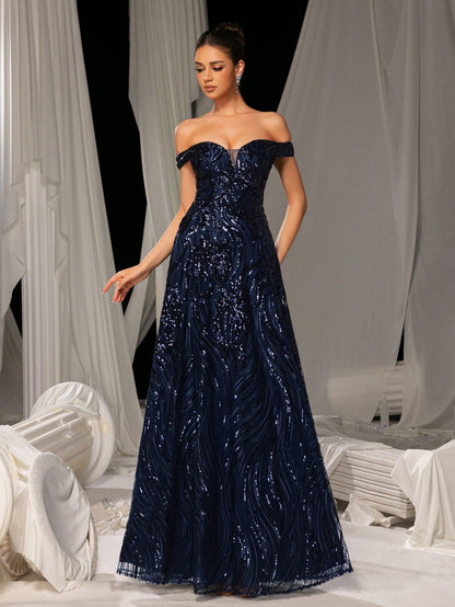 Stunning Royal Blue Off-Shoulder Sweetheart Sequin A-Line Long Dress-Free Shipping