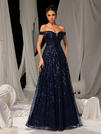 Stunning Royal Blue Off-Shoulder Sweetheart Sequin A-Line Long Dress-Free Shipping