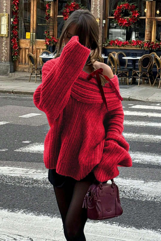 Fashionable Oversized Versatile Off-Shoulder Long Sleeve Pullover Tops Knit Sweater- Free Shipping