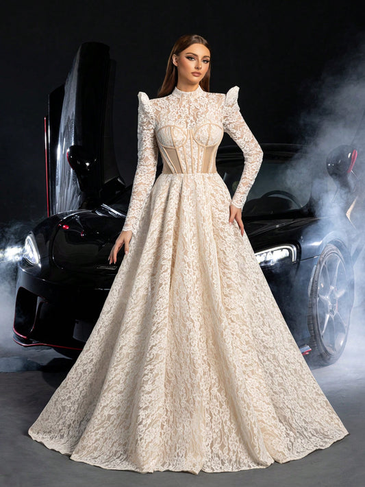 Elegant Lace Mock Neck Wedding Dress with Gorgeous Gigot Sleeves-Free Shipping