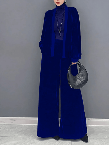 Elegant Blue Women's Long Sleeve Collarless Top Wide Leg Pants Set-Free Shipping