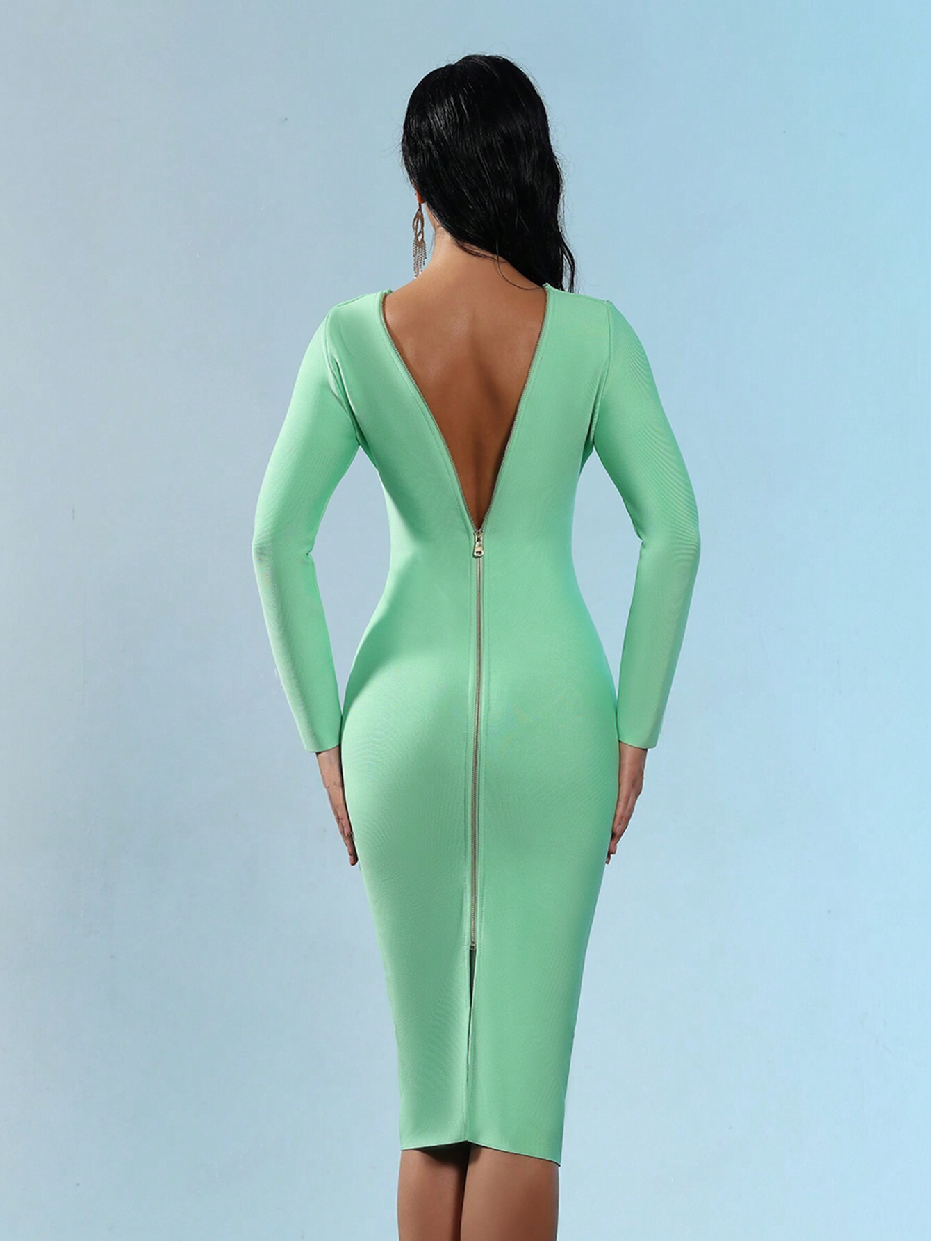 Classic Sexy Long Sleeve Back Zipper Bodycon Bandage Midi Dress - Free Shipping