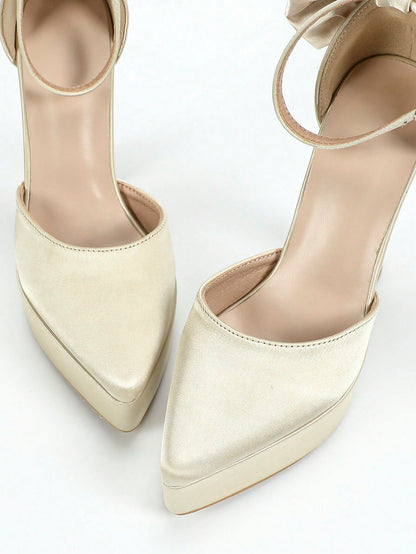 Elegant Women's White Platform Ankle Strap High Heel Bow Detail-Free shipping