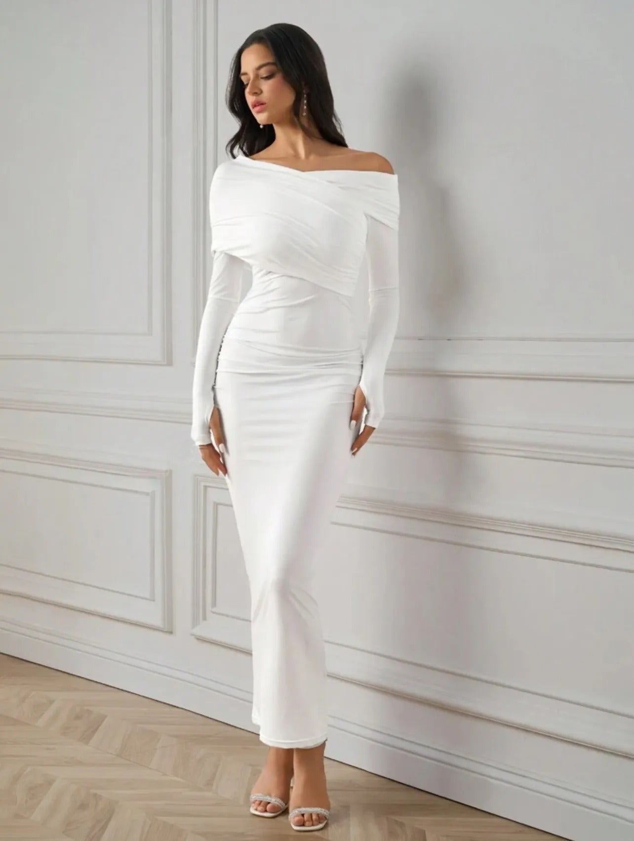 Elegant Versatile Ruched One-Shoulder Off-the-Shoulder Neckline Long Sleeve Dress – Free Shipping