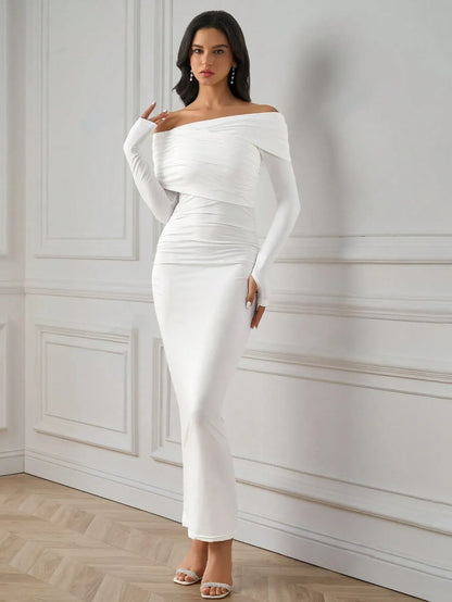 Elegant Versatile Ruched One-Shoulder Off-the-Shoulder Neckline Long Sleeve Dress – Free Shipping