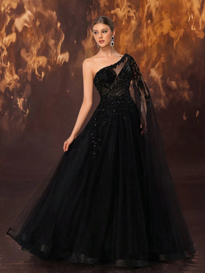 Elegant Black One-Shoulder Tulle Evening Gown – Hand-Beaded Romantic Floral Applique-Free Shipping