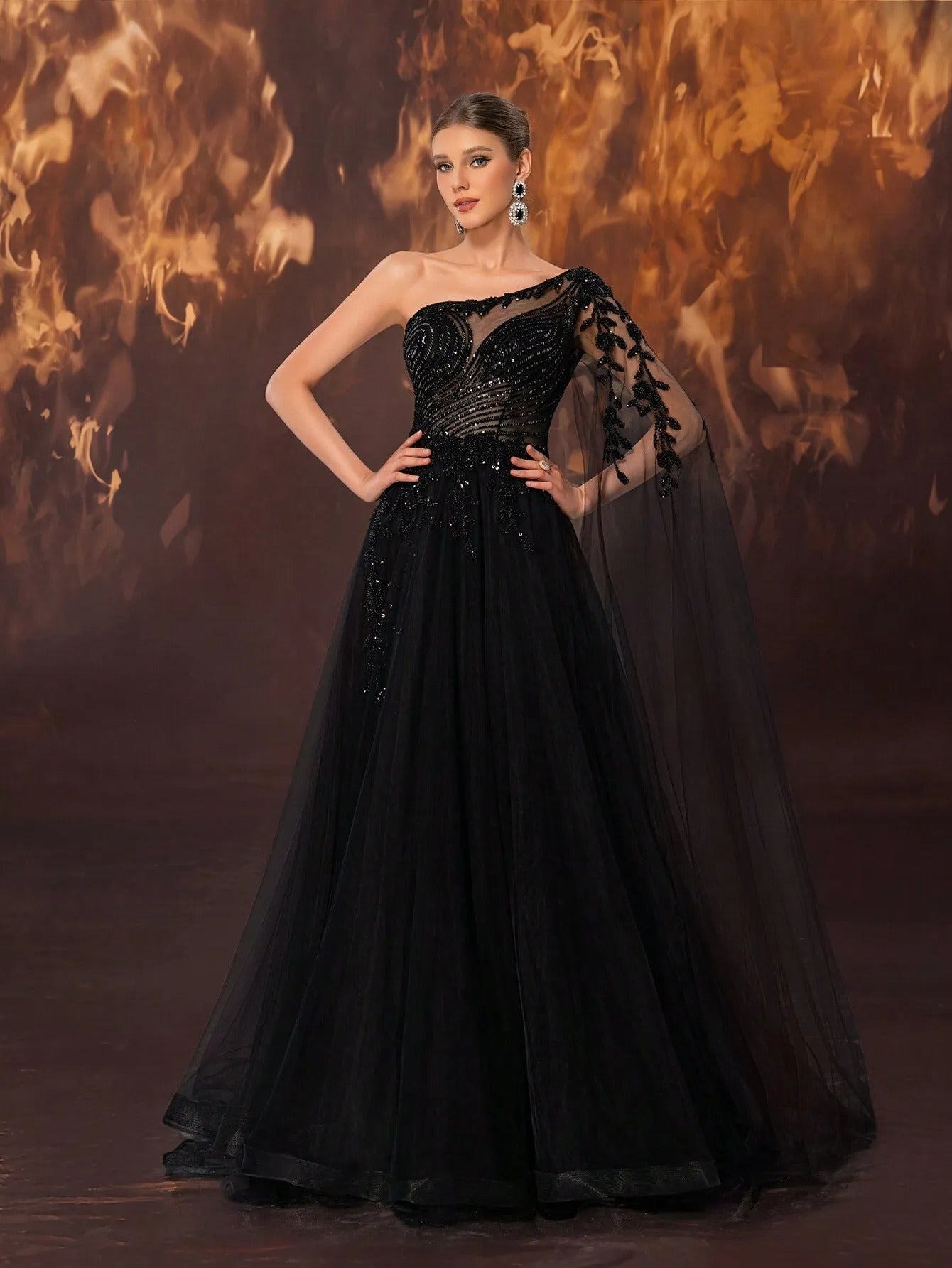 Elegant Black One-Shoulder Tulle Evening Gown – Hand-Beaded Romantic Floral Applique-Free Shipping