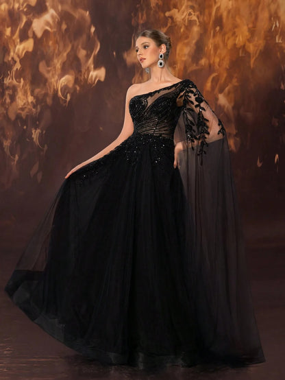 Elegant Black One-Shoulder Tulle Evening Gown – Hand-Beaded Romantic Floral Applique-Free Shipping