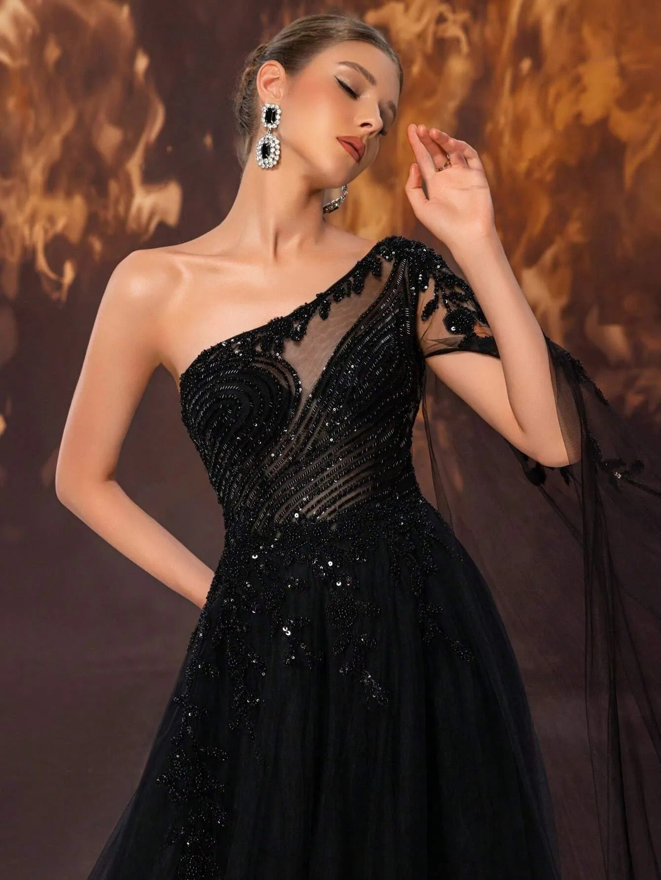 Elegant Black One-Shoulder Tulle Evening Gown – Hand-Beaded Romantic Floral Applique-Free Shipping