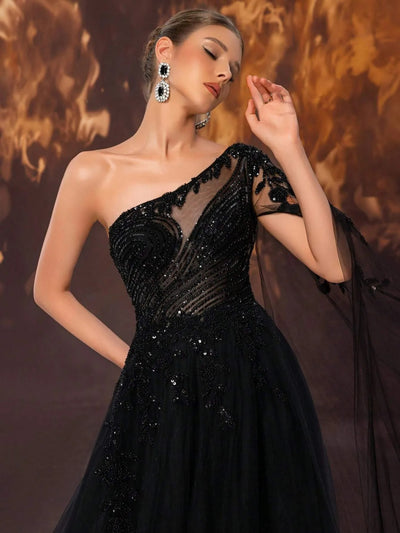 Elegant Blue One-Shoulder Tulle Evening Gown – Hand-Beaded Romantic Floral Applique-Free Shipping