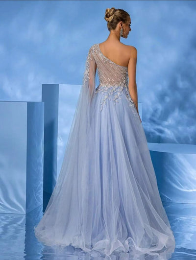 Elegant Blue One-Shoulder Tulle Evening Gown – Hand-Beaded Romantic Floral Applique-Free Shipping