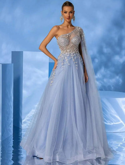 Elegant Blue One-Shoulder Tulle Evening Gown – Hand-Beaded Romantic Floral Applique-Free Shipping