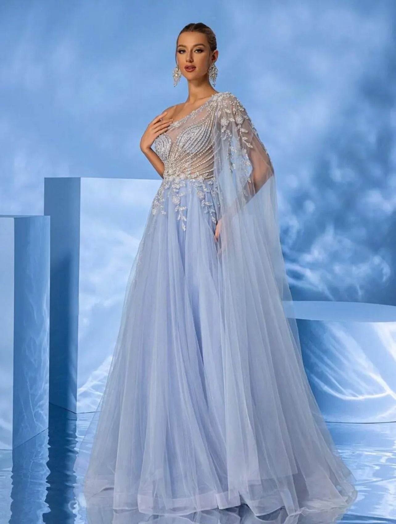 Elegant Blue One-Shoulder Tulle Evening Gown – Hand-Beaded Romantic Floral Applique-Free Shipping