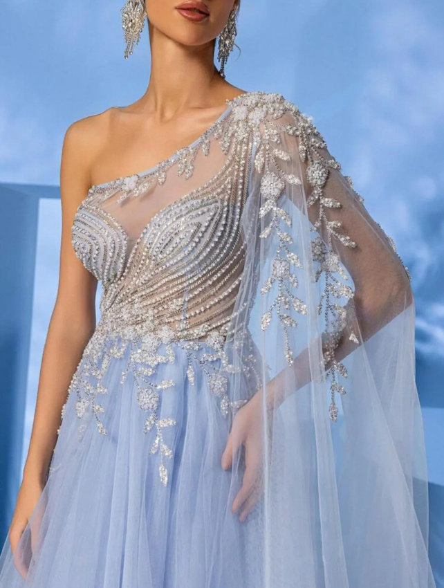 Elegant Blue One-Shoulder Tulle Evening Gown – Hand-Beaded Romantic Floral Applique-Free Shipping