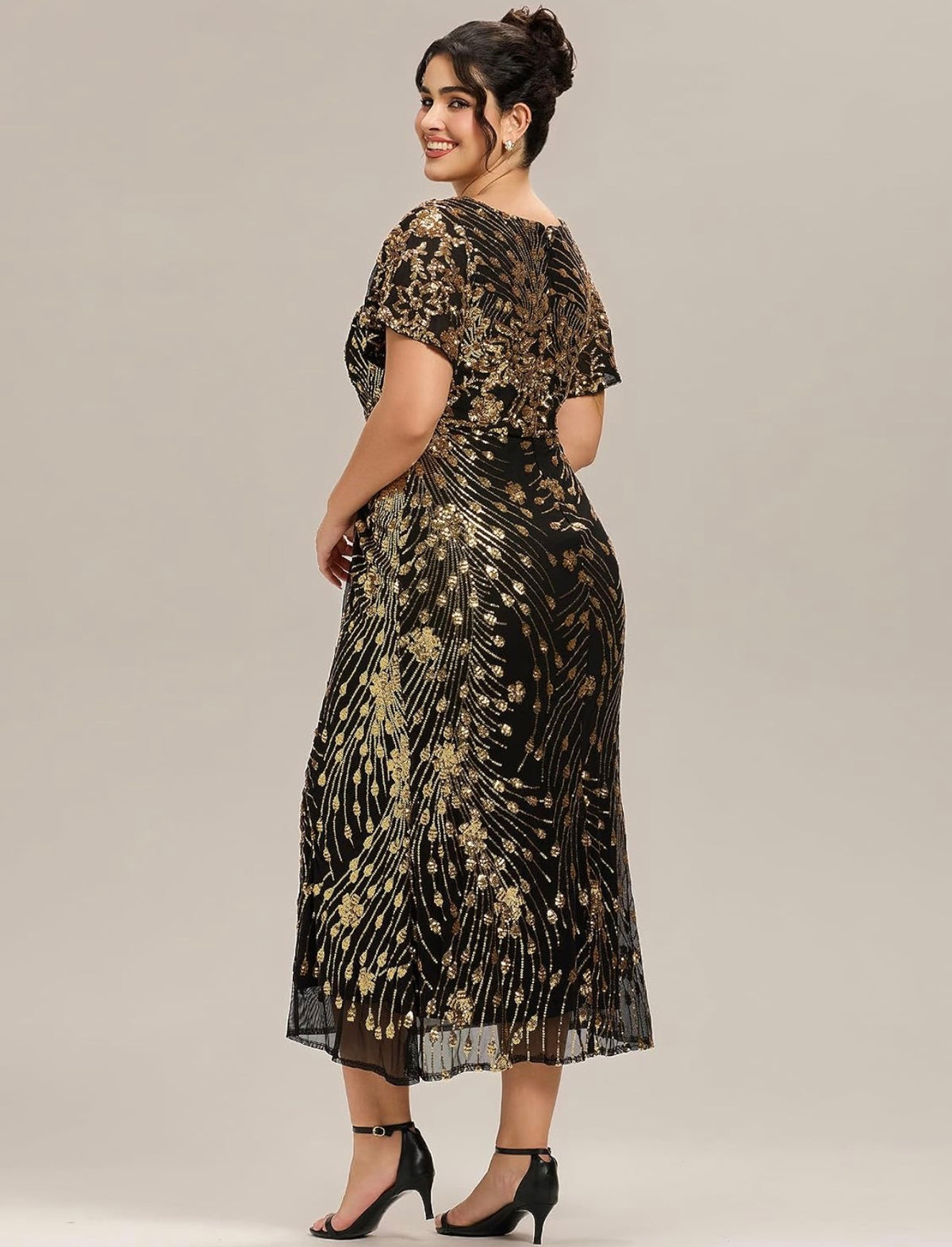 Elegant Plus Size Sequin V-Neck Flutter Sleeve Maxi Dress - Free Shipping