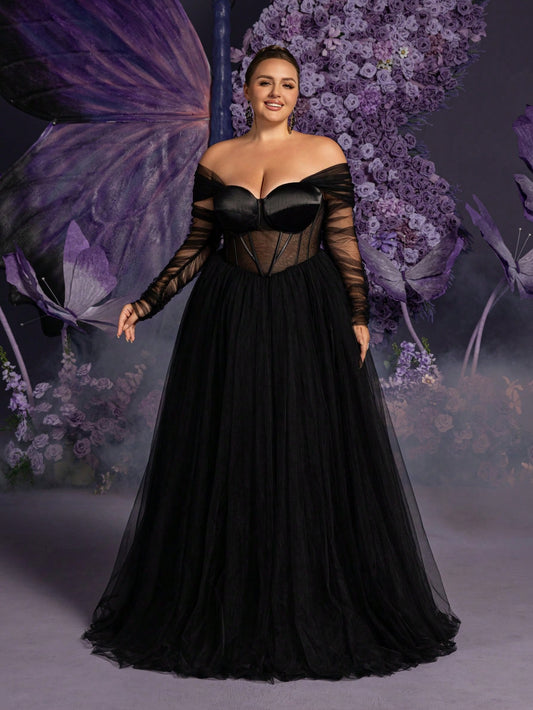 Enchanting Plus Size Off-Shoulder Criss Cross Tie Back Sheer Tulle Long Maxi Dress-Free Shipping