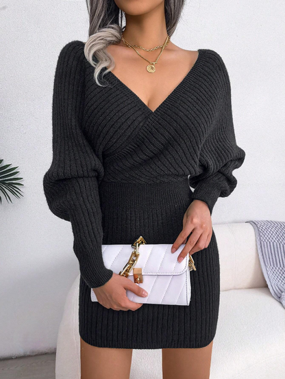 Chic Black Batwing Long Sleeve Knitted Mini Sweater Dress – Free Shipping