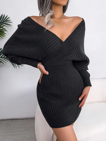 Chic Black Batwing Long Sleeve Knitted Mini Sweater Dress – Free Shipping