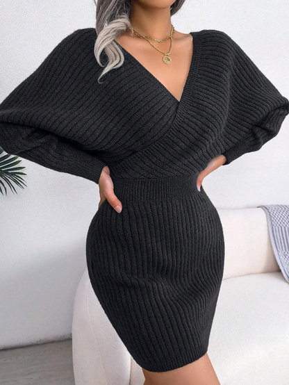 Chic Black Batwing Long Sleeve Knitted Mini Sweater Dress – Free Shipping