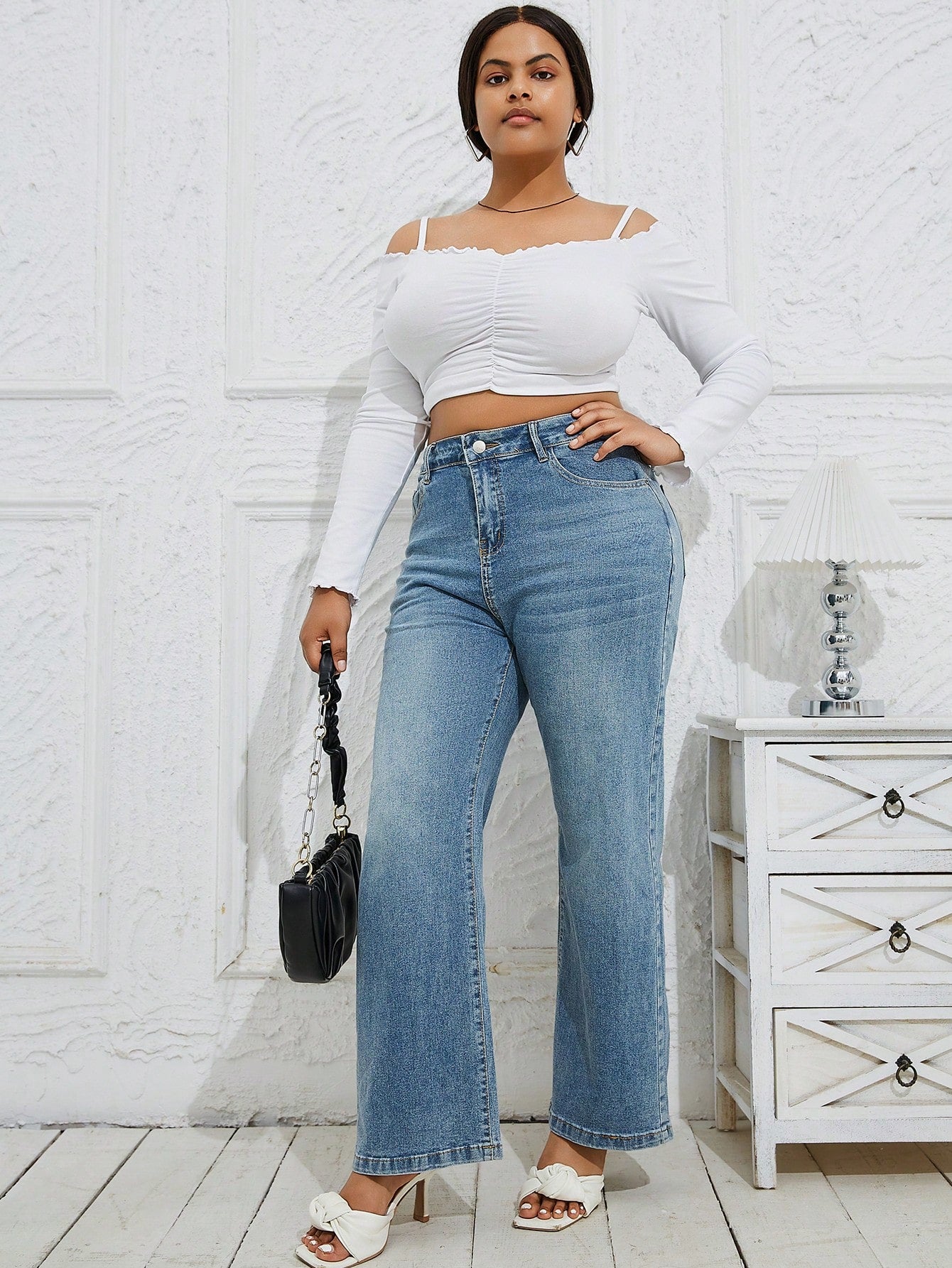 Classic Plus Size Light Blue Denim Jeans Comfortable Fit Wide Leg Pants-Free Shipping