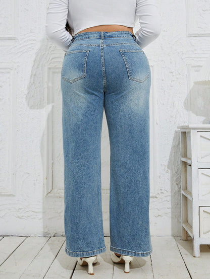 Classic Plus Size Light Blue Denim Jeans Comfortable Fit Wide Leg Pants-Free Shipping