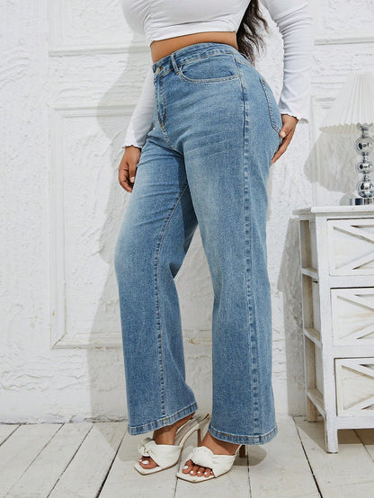 Classic Plus Size Light Blue Denim Jeans Comfortable Fit Wide Leg Pants-Free Shipping