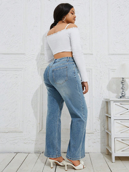 Classic Plus Size Light Blue Denim Jeans Comfortable Fit Wide Leg Pants-Free Shipping