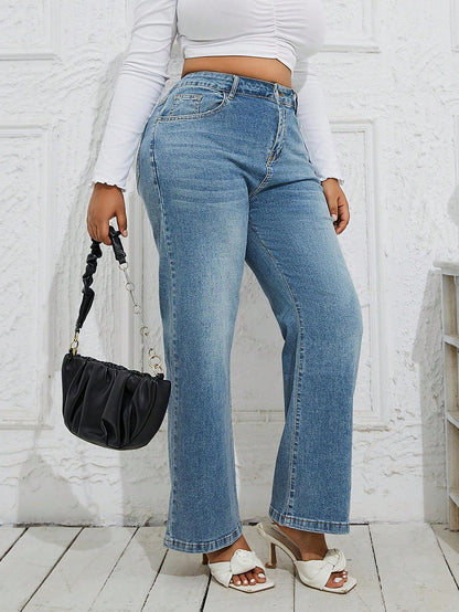 Classic Plus Size Light Blue Denim Jeans Comfortable Fit Wide Leg Pants-Free Shipping