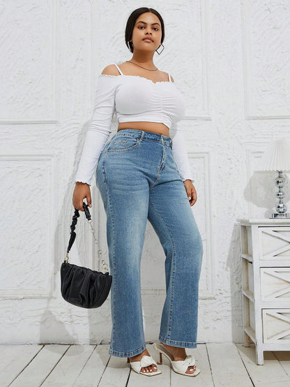 Classic Plus Size Light Blue Denim Jeans Comfortable Fit Wide Leg Pants-Free Shipping