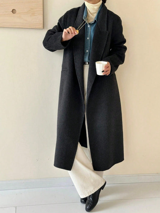 Timeless Black Double-Face 100% Wool Coat Belted Single-Breasted Overcoat with Pockets-Free Shipping