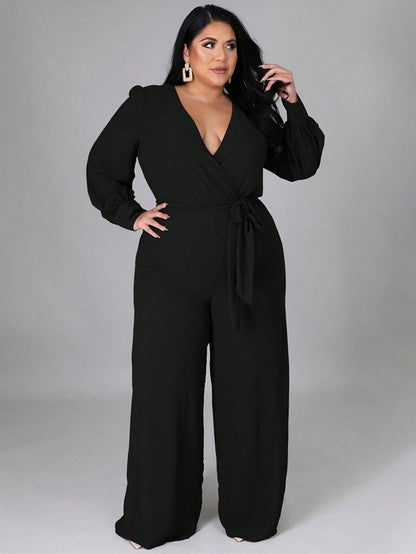 Chic Plus Size Wrap V-Neck Knotted Lantern Sleeve Jumpsuit - Free Shipping