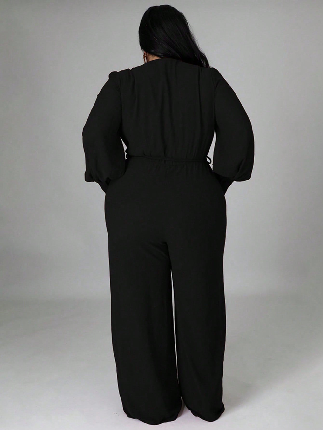 Chic Plus Size Wrap V-Neck Knotted Lantern Sleeve Jumpsuit - Free Shipping